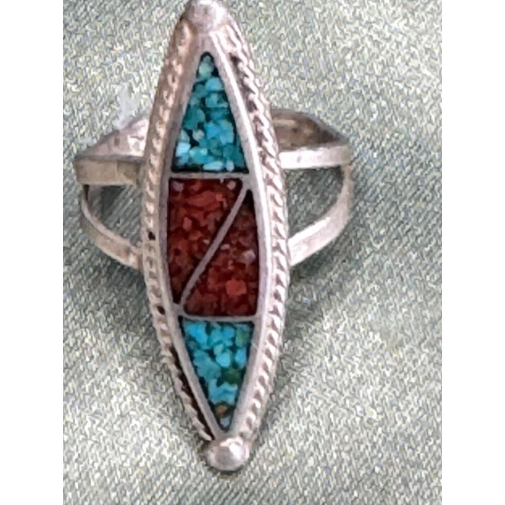 Navajo Native American Genuine Turquoise Coral Mosaic Inlay Sterling Ring sz 5.5 - Picture 5 of 10